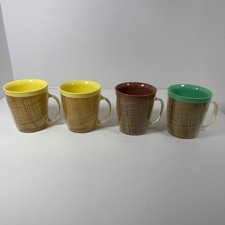 4 VINTAGE MCM Raffia Ware Mugs Colors Coffee Cups Burlap Thermo Temp picture