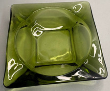 Vintage Olive Green Glass Square Ashtray 4 Rest Deep Center 7 Oz picture