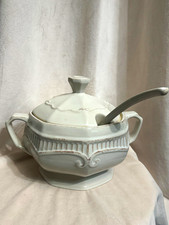 White Ceramic Octagonal Soup Tureen w/ Lid, Spoon, Handles, Glossy Finish picture