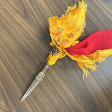 Tibetan Buddhist Phurba Ritual Dagger Three Face Deity Head Metal Cloth Wrap picture
