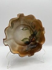Antique Nippon Ruffled Dish Hand Painted Chestnut & Leaves Nut Dish Decor picture