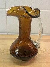 Vtg MCM Pilgrim Amber Crackle Glass 5 Inch Pitcher Vase Ruffled Rim Clear Handle picture