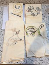 Vintage Hand Embroidered Tea Towels Set of 4 Animals Cross Stitch 24x26 Folk Art picture