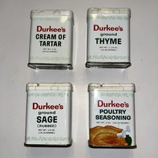 4 Tin Lot Durkees Cream of Tarter Thyme Sage Poultry Season Metal Spice Vintage  picture