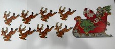 Vintage Set Dennison Christmas Santa & 8 Reindeer Die Cut Paper Decor 1960s USA picture