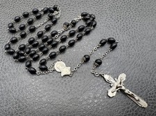 Vintage Sterling Silver Black Wood Bead Rosary Necklace Religious Crucifix picture