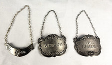 Pewter & Silverplate Decanter Label Tags Set 3 Gin Whisky Brandy Vintage picture