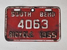 Vintage 1955 South Bend Indiana Bike Bicycle License Plate Red Metal IN  picture