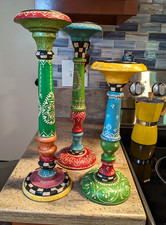 Vintage Boho Hand Painted Wood Candle Holders Set of 3 Indian Folk Art 15” Tall picture