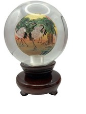 CHINESE REVERSE HAND PAINTED GLASS GLOBE  ON ROTATING WOODEN BASE  VTG M3542 picture