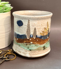 Handcrafted Speckled Stoneware Ceramic Vessel Abstract Cutout Layered Glazes Art picture