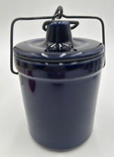 Vintage Cobalt Blue Stoneware Cheese Butter Crock with Wire Closure Lid Dish 5”T picture