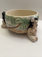 Vintage TIKI  Bowl kneeling Hula Girls Hand Painted Ceramic Pottery Hawaii  picture