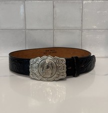 Vintage Justin Western Black Leather Belt W/ Horse Bell Silver Nickle Buckle 28