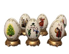 Vintage Hand Painted Ceramic Christmas Eggs with Stands Lot of 6 picture