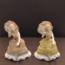 2 Vintage Dresden Lace Victorian Ladies W/ Umbrella  Porcelain 4.5
