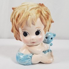 Vintage Brinn's Japan Baby Boy Teddy Bear Ceramic Nursery Planter Big Eyes 6