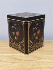 Vintage Black Floral Tin Container Gold Filigree Biscuit Tea Trinket Storage Box picture