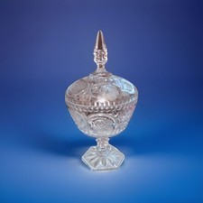 Vintage Cut Etch Lead Crystal Clear Glass Covered Pedestal Compote Bowl 12