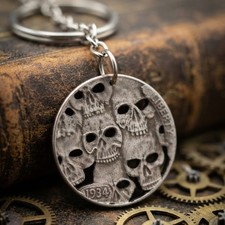 1934 Hobo Nickel Cut Coin Keychain Wall of Skull Faces Gothic Custom American US picture
