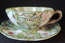 Vintage Ardalt Lenwile HP Japan Green Raised Moriage Cup + Saucer Floral No 6327 picture