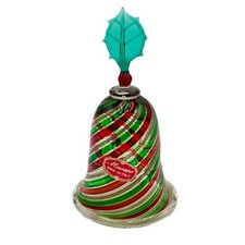 VTG Murano Art Glass Red Green Swirl Gold Flecks Christmas Bell w/Holly Top 5” picture