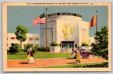 NY Worlds Fair 1939 Linen Postcard The Administration Building Old Cars picture