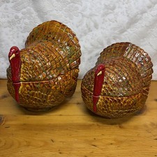 Vintage Ceramic Turkey Set Thanksgiving Dish 70s Drip Glaze Cookie 2  Jars  picture