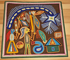 Vintage Huichol Yarn Painting Nierika 24x24 Wixarika Mexican Folk Art Star Snake picture