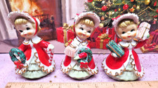 Vtg TMJ Christmas Shopper Girl Bells COMPLETE SET OF 3 POINSETTIA BONNETS GIFTS picture