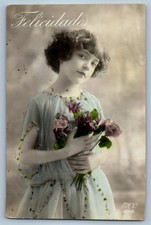 c1910's Child Girl With Flowers Studio Portrait RPPC Photo Antique Postcard picture