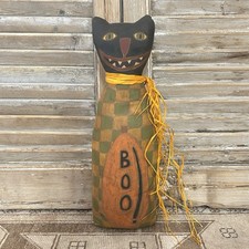 Vintage Primitive Halloween OOAK Hand Painted Black Cat Standing Folk Art Doll picture