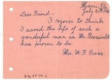 MRS. W.F. CROSS-LILLIAN CROSS.AUTOGRAPH NOTE ABOUT SAVING PRES.ROOSEVELT 1934 picture