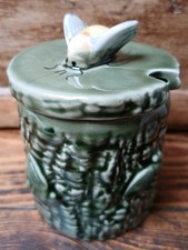 Secla of Portugal Vintage Ceramic Honey Pot + Lid 1970s China Bee Olive HP15 picture