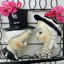 Head Vase Wall Pocket Pair Metal Frame Top Hat Boy & Bonnet Girl Norcrest 1940’s picture