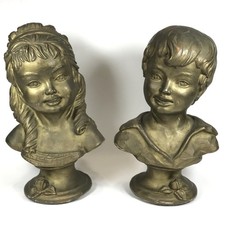 Girl Boy Children Bust Statue Set Vintage 1962 Mid Century 9.5” Halloween Prop picture