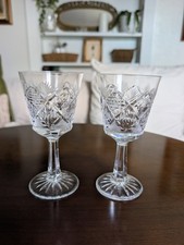 Antique ABP Cut Crystal Wine Goblets Crosscut Diamond Fan Zipper Stems Set of 2 picture