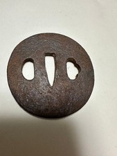 Japanese Iron Tsuba Plain Round Antique Sword Fitting Two Hitsu Ana picture