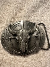 Vintage 1986 Siskiyou Pewter Belt Buckle U-40 Bull Skull Feathers Made In USA picture