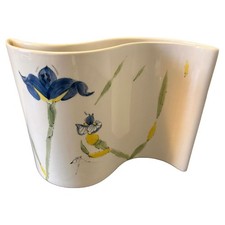 Vintage Barbara Baatz Iris Wavy Vase Hand Painted Ceramic Blue Yellow 8.5