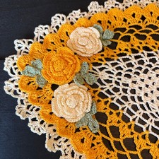 Vintage Oval Crochet Doily Yellow Cream 3D Roses Lace Table Topper 13.5in picture