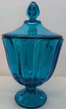 MCM LE Smith Colonial Blue Glass Simplicity Pedestal Compote Candy Dish Lidded picture