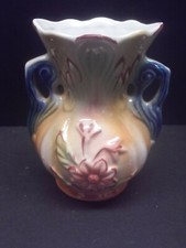 1960’s Hand-Painted Lustreware Floral 2 Handled Vase #422; Made in Brazil picture