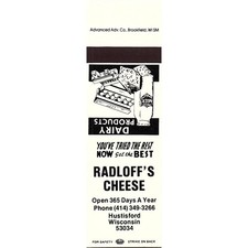 Radloff's Cheese Hustisford WI Vintage Matchbook Cover SMB70-2-A4 picture