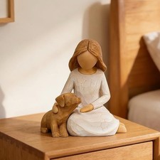 Hand-Painted Willow Sculpture Resin Craft, Girl Holding Dog Statue picture