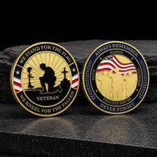 BRAND NEW Unique Gold-Tone Military Veteran Challenge Coin Gift w Display Stand picture