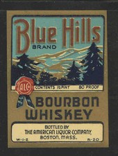 BLUE HILLS BOURBON WHISKEY 1/2 Pint ANTIQUE BOTTLE LABEL - UNUSED picture
