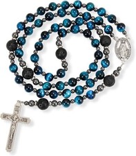 Men's Blue Tiger Eye Rosary with Lava Beads Cross & Miraculous Medal picture
