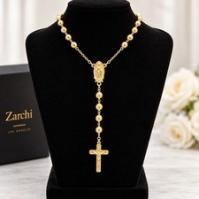 Rosary Necklace 14k Gold Plated Beaded Guadalupe& Jesus Cross picture