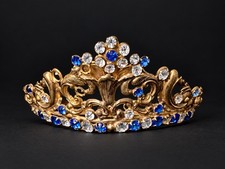 Antique French Religious Statue Tiara Crown Gilt Brass Rhinestones c.1900 picture
